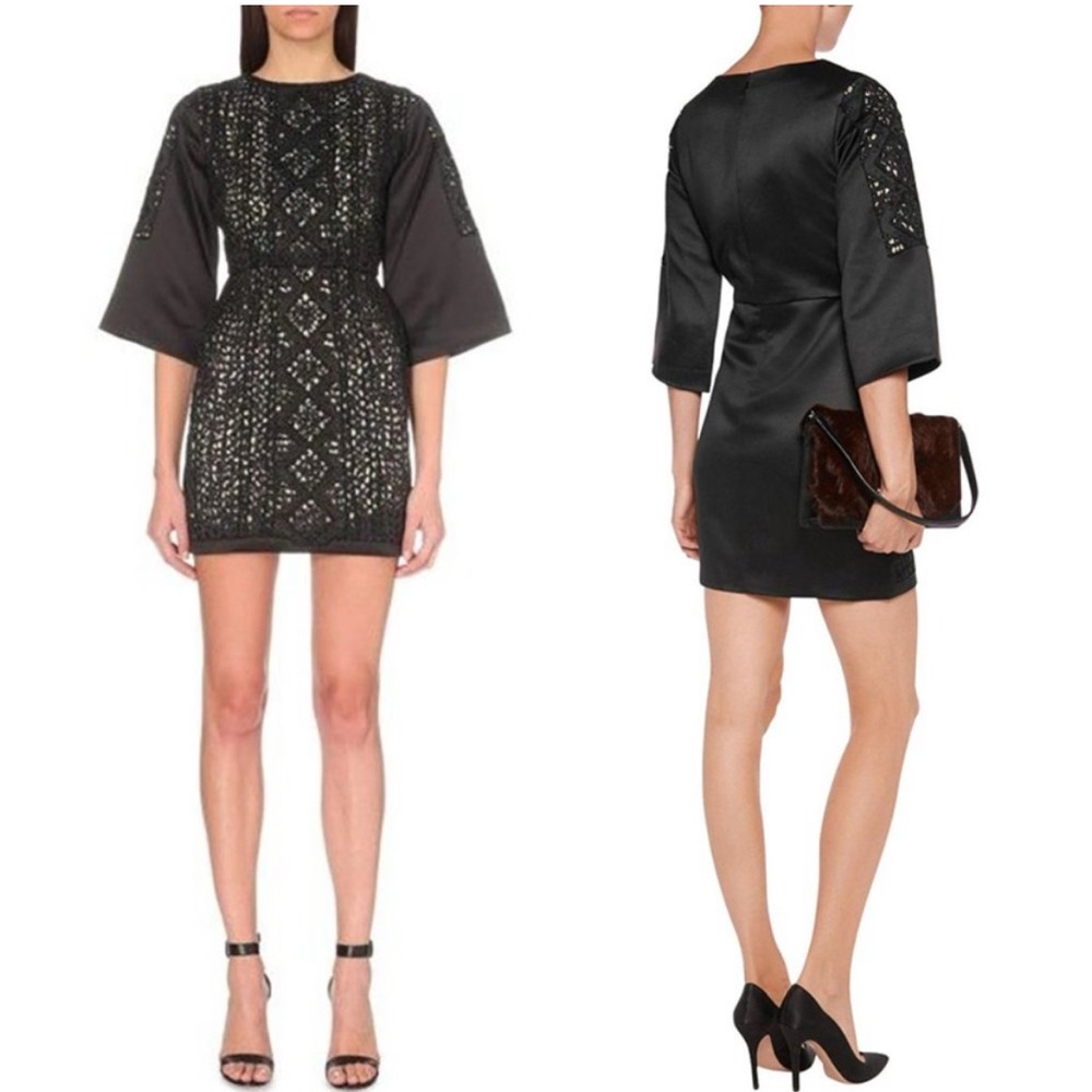Maje Rebecca Black Beaded Lace Satin Wide 3/4th Sleeve Mini Dress Size 1 Small